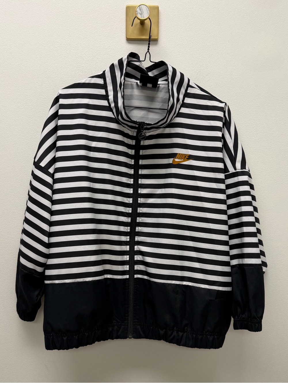 Nike Black & White Striped Zip Jacket with White Logo